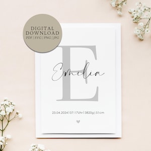 Póster personalizado letra E nombre y fecha de nacimiento | Descarga digital | Nacimiento Bautismo Regalo Bebé Ahijado Habitación de Bebé Habitación Infantil