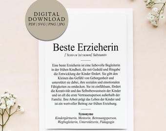 Definición de "Mejor Educador" (estilo Duden) | Archivo de impresión digital | Regalo para maestra de jardín de infantes, educadora, guardería, agradecimiento, despedida