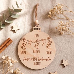 Personalized Christmas bauble - First Christmas as a family of three | Christmas tree ornament, Christmas ball gift, Christmas pendant, Christmas tree image 1