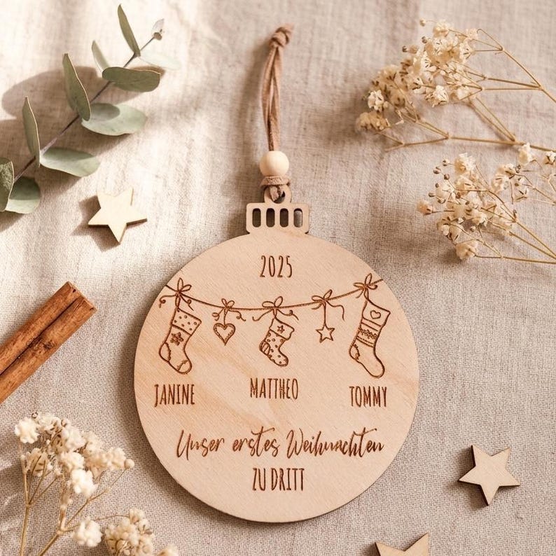 Personalized Christmas bauble - First Christmas as a family of three | Christmas tree ornament, Christmas ball gift, Christmas pendant, Christmas tree image 1