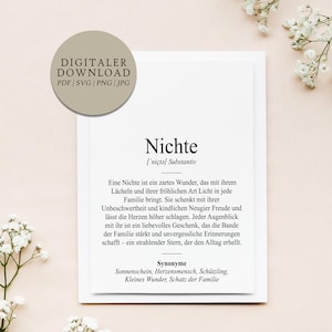 Definicja siostrzenicy w stylu Duden | Plik do wydruku cyfrowego | Prezent Wujek Ciocia Brat Siostra Rodzina Narodziny Urodziny Wielkanoc Boże Narodzenie