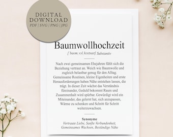 Definition of cotton wedding anniversary (Duden style) | Digital print file | Gift for 2nd wedding anniversary, 2 years married, marriage, married couple