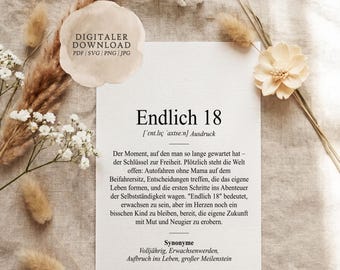 Definition: Finally 18 (Duden style) | Digital print file | Gift for birthday, coming of age (18 years), born in 2006, adult milestone