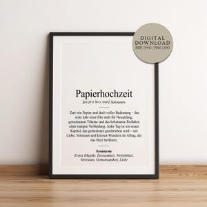 May include: A framed print with the German word "Papierhochzeit" in a black frame. The print includes text describing the meaning of the word, synonyms, and a "DIGITAL DOWNLOAD" label. The print is on a wooden surface.