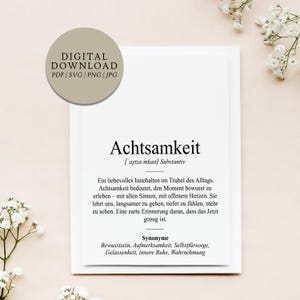 Definición de atención plena Duden | Archivo de impresión digital | Regalo Afirmación Ánimo Motivación Autoestima Autocuidado Autoconfianza