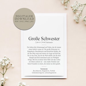 Définition Grande Soeur Dudenstil | Fichier d’impression numérique | Cadeau Anniversaire Personnel Merci Noël | Famille