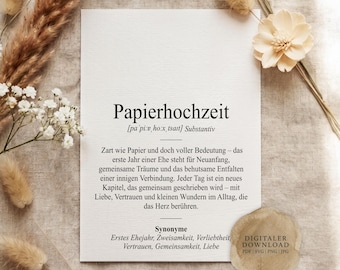 Definición de una boda de papel (estilo Duden) | Archivo de impresión digital | Regalo de boda | Regalo de aniversario de boda | Aniversario | Casado