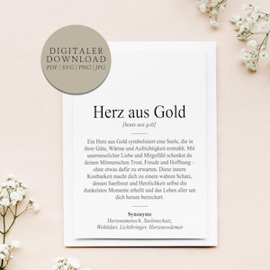 Definicja Heart of Gold Dudenstil | Plik do wydruku cyfrowego | Prezent Dziękuję Mamie Tacie Najlepsza Przyjaciółce Najlepsza Przyjaciółka Partnerowi Urodziny Wielkanoc