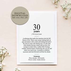 Definitie 30 jaar | digitaal afdrukbestand | cadeau voor derde verjaardag verjaardagscadeau dertig rond verjaardag