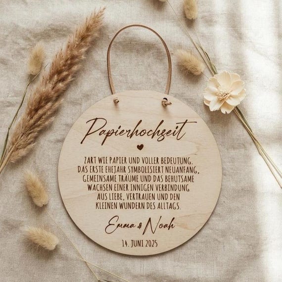 Papierhochzeit Geschenk personalisiert | Holzschild 1. Hochzeitstag mit Namen und Datum | Jahrestag Ehepaar Hochzeit