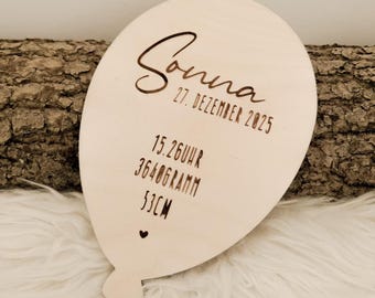 Personalized wooden balloon birth announcement with baby's name, birth details, time, weight, height, date, keepsake sign, nursery balloon