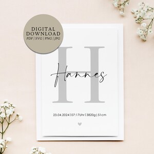 Póster personalizado letra H nombre y fecha de nacimiento | Descarga digital | Nacimiento Bautismo Regalo Bebé Ahijado Habitación de Bebé Habitación Infantil