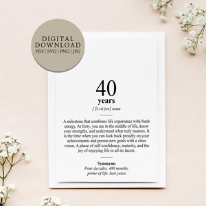 Definición 40 años | archivo de impresión digital | regalo para el cuadragésimo cumpleaños regalo de cumpleaños cuarenta cumpleaños redondo