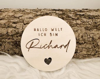 Personalized round wooden baby name sign, "Hello World I am [Name]", birth announcement, newborn, nursery decor, gift