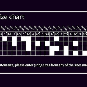 May include: A black and white ring size chart with finger circumference in millimetres and US ring sizes. The chart shows the corresponding ring size for each finger circumference. The chart also includes size categories: small, medium, large, and extra large.