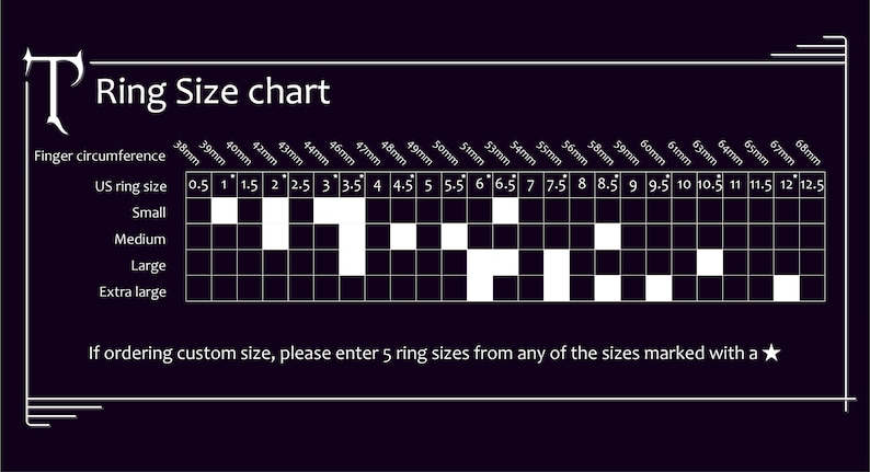 May include: A black and white ring size chart with finger circumference in millimetres and US ring sizes. The chart shows the corresponding ring size for each finger circumference. The chart also includes size categories: small, medium, large, and extra large.
