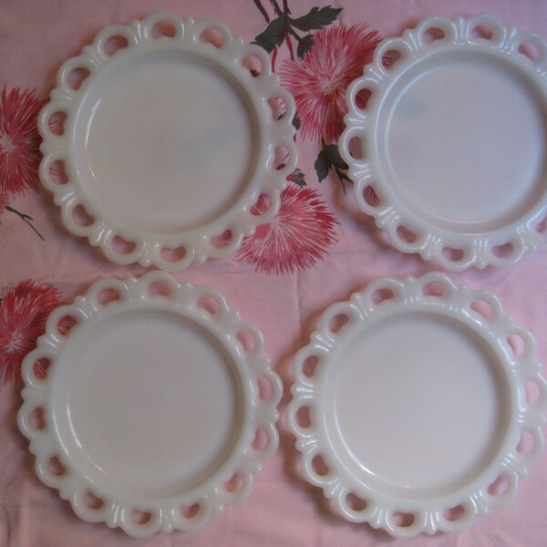 4 Milk Glass Old Colony Lace Edge 8" Salad Dessert Plates Anchor Hocking Fire King