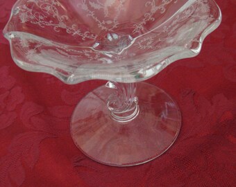 Vintage Fostoria Etched Floral Pedestal Candy Dish Comport Compote Vintage Glassware