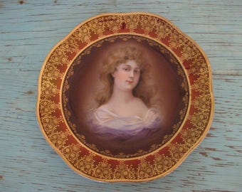 Woman's Portrait Cabinet Plate Porcelain China Royal Vienna Gracioga Bavaria 1900s Antique Vintage Collectible Hand-Painted Dress