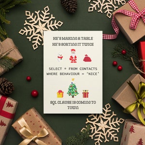 以下が含まれることがあります： 緑色の背景に、ピクセル化されたホリデーグラフィックとテキストが描かれたお祝いのクリスマスカード。プレゼント、松ぼっくり、木の雪の結晶が周りに配置されています。カードには「HE'S MAKING A TABLE, HE'S SORTING IT TWICE, SELECT * FROM CONTACTS WHERE BEHAVIOUR = 'NICE', SQL CLAUSE IS COMING TO TOWN.」と書かれています。