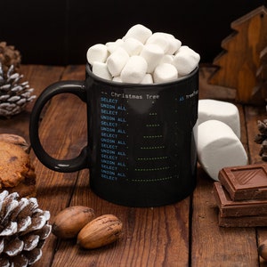 Può includere: Una tazza nera piena di marshmallow bianchi, con un design ad albero di Natale creato con codice. La tazza è su una superficie di legno con cioccolato, noci e pigne, creando un tema festivo per le vacanze.