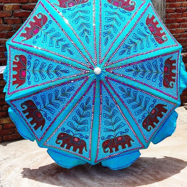 New Suzani Decor Garden Umbrella Big Parasol For Outdoor, Garden, Beach Cafe With Peacock Design And Beautiful Mirror Work Garden Umbrella