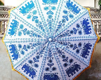 New Hand block Elephant Print Umbrella With Rajasthani Design Print Royal Umbrella Block Print Parasol New Fresh Umbrella For Garden