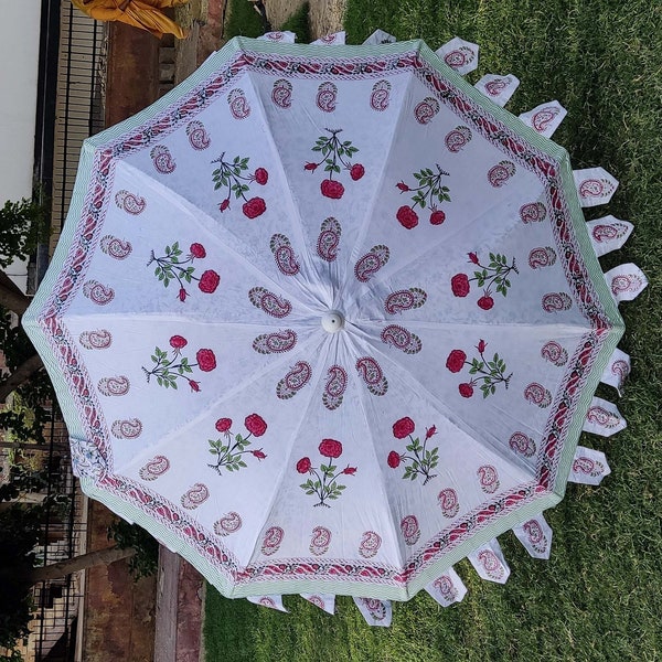 New Pink Buta Patio Umbrella Handmade beautiful Block umbrella, Wedding, luxury Events decorations, New Buta Block Print Design Beach Patio