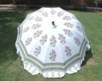 New Handmade White Umbrella Floral Hand Block Print Rajasthani Design Print Royal Umbrella Block Print Parasol New Fresh Umbrella For Garden