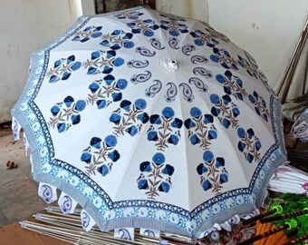 Handmade Block Print White Umbrella With Rajasthani Design Print Royal Umbrella Print Parasol New Fresh Umbrella For Garden Luxury Patio