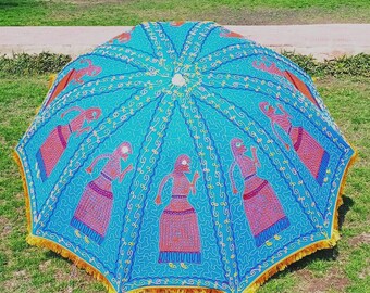Rajasthani Lady Heavy Impreso Bloque hecho a mano Diseño Hermoso paraguas de jardín, Sombrilla de fiesta, Sombrilla de playa, Decoraciones de eventos de lujo