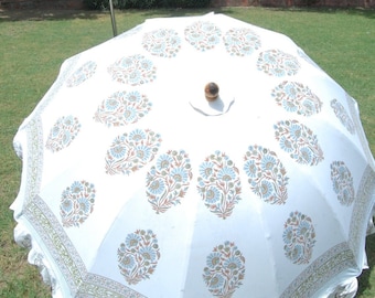 Nuovo ombrello bianco con stampa a blocchi a mano Rajasthani Design Stampa Ombrello reale con stampa a blocchi Ombrellone nuovo fresco per il giardino