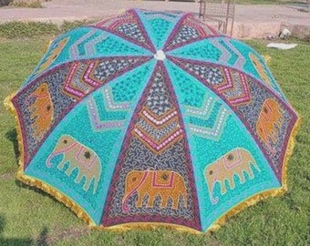 Elefantes Rajasthani Hecho a mano Diseño de bloque impreso pesado Hermoso paraguas de jardín, Sombrilla de fiesta, Sombrilla de playa, Decoraciones de eventos de lujo
