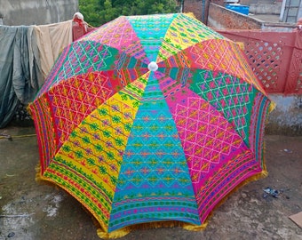 New Rainbow Design Indian Handmade Umbrella Big Buta Size Patio Heavy Printed block Design Beautiful Garden Umbrella Party Parasol Umbrella
