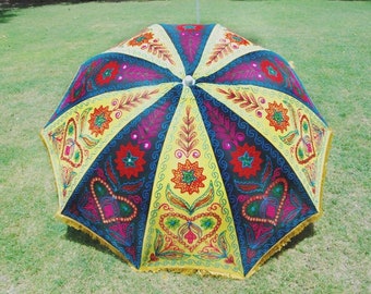 Nuevo Paraguas grande de gran tamaño Paraguas de jardín bordado fino hecho a mano, Sombrillas de jardín decorativas Sangeet con tema indio multicolor