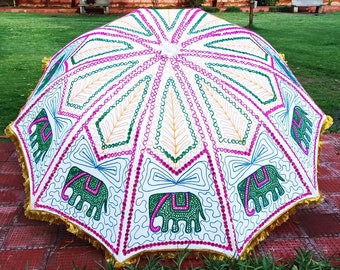 New Beautyful White Umbrella With Handmade Elephant Design Printed Umbrella New Backdrop Decor Umbrella Decoration Item Umbrella For Wedding