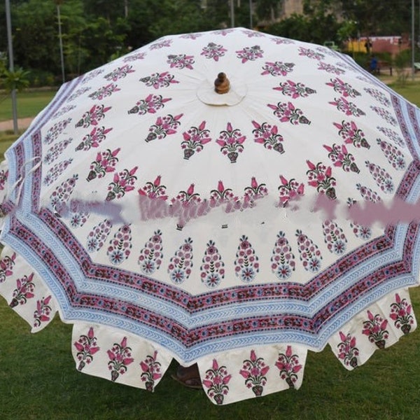 New Hand Block Pink Umbrella Indian Floral Patio Parasol Block Printed Large Umbrella Beach Umbrella, White Sun Shade Patio Mughal Umbrella