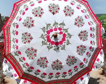 New Beautyfull White Umbrella With Floral Red Color Handmade Block Print Umbrella Decorative Wedding Umbrella New Fresh Design Umbrella