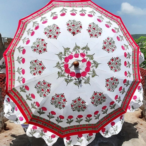 New Beautyfull White Umbrella With Floral Red Color Handmade Block Print Umbrella Decorative Wedding Umbrella New Fresh Design Umbrella