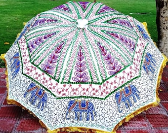 Elefanti del Rajasthan Design a blocchi stampati pesanti fatti a mano Bellissimo ombrellone da giardino, ombrellone per feste, ombrellone da spiaggia, decorazioni per eventi di lusso