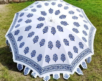 New Floral Design Handmade Print Umbrella Block Indian Printed White Blue Design Hand Block Patio Umbrella Beautiful Block Beach Umbrella