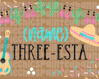 May include: A festive banner with a brown background, featuring a guitar, sombrero, and cactus garland. The text reads "(name) THREE-ESTA" in turquoise and black. Colorful confetti adds to the celebratory theme.
