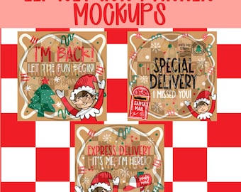 May include: Elf return banner mockups. Three designs feature elves and festive text. One reads "I'm Back! Let the fun begin!" with a Christmas tree. Another says "Special Delivery, I missed you!" with a mailbox. The third says "Express Delivery, It's me, I'm here!" with a candy cane.