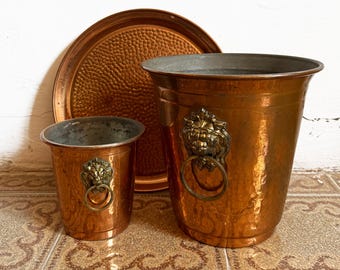 Vintage French Villedieu Hammered Copper Champagne Bucket Set, Ice Bucket  Serving Tray, Lion Head Handles, Wine Cooler, Made in France
