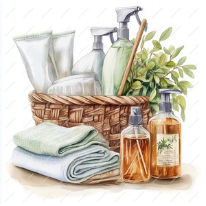 May include: A wicker basket filled with various bath and body products, including bottles of liquid soap, tubes of lotion, and a bar of soap. The basket is surrounded by green leafy branches and a rolled up towel.