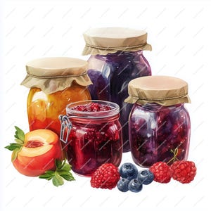 15 Watercolor Jam & Preserves Clipart | Raspberry, Blueberry, Peach, Strawberry Canning Jars | Fruit In Jars | FDK