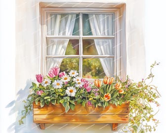 Watercolor Spring Flower Window Box Clipart (JPG Digital Download)