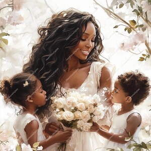 A Mother Loved Clipart | Watercolor African American Mom With Children | Mother&#39;s Day | Digital & Printable Stickers MOM