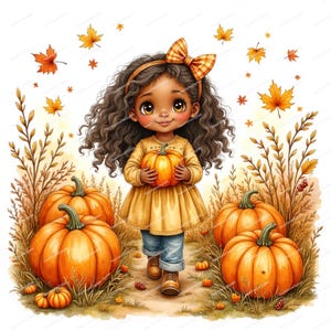 Può includere: Illustrazione digitale di una bambina con un vestito e un fiocco gialli che tiene in mano una zucca, circondata da zucche e foglie autunnali. La bambina cammina su un sentiero, con erba alta ai lati.