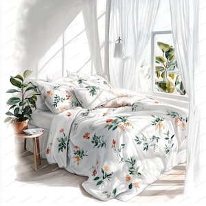 May include: White bed with a floral patterned duvet cover and matching pillowcases. The bed is made with a white sheet and a light pink throw pillow. The bed is in a bedroom with white curtains and a window with a view of green plants.